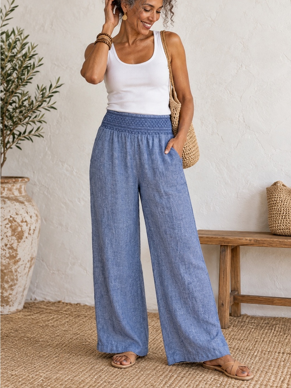 Crown & Ivy 100% Linen Blue Wide Leg Pants Smocked Waist Size M